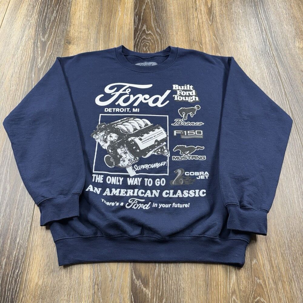 Ford Sweatshirt Mens M Blue Truck Bronco Mustang Cobra Engine Racing Sweater - Picture 2 of 11